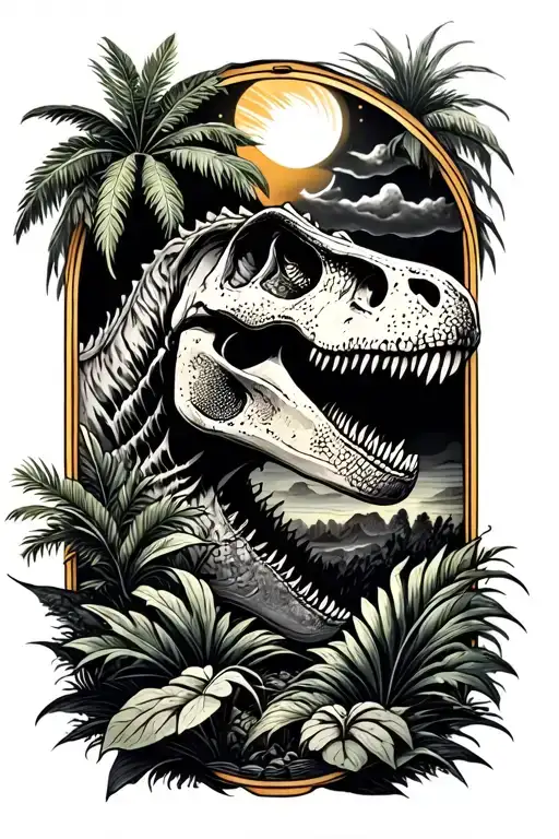 jurassic park style tattoo with a few plants and palms, a T-rex skull and the night sky encased in amber tattoo design idea
