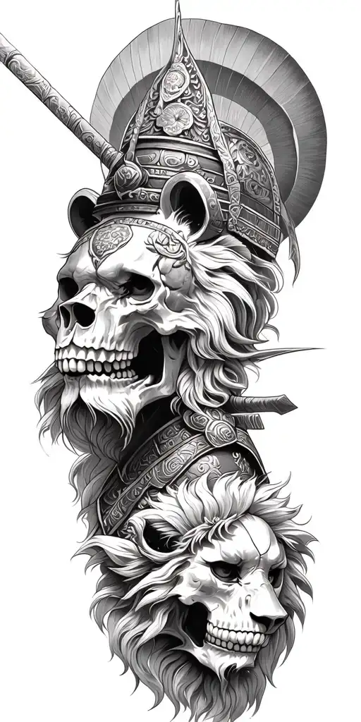 Skull Lion And Samurai warrior tattoo design idea
