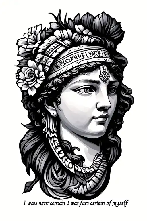 Tattoo with the phrase “I was never certain of the future I was certain of myself” and the fates from Ancient Greek tattoo design idea