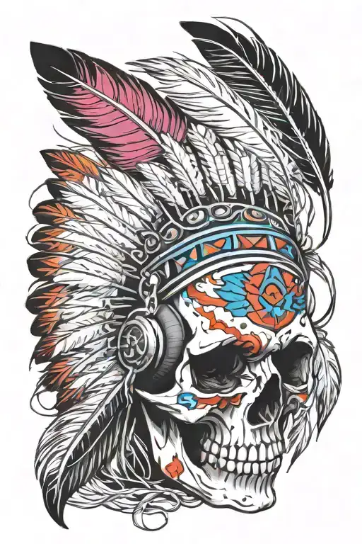 ultra realistic indigenous skull with feathers tattoo design idea