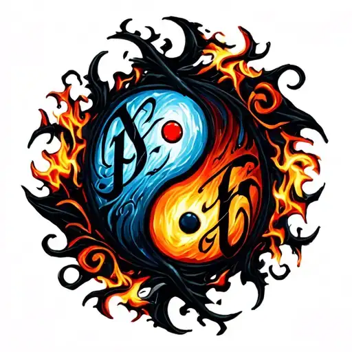 the words Pyro and Kai drawn in a yin Yang symbol of Fire and Water in gothic letters tattoo design idea