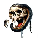 realistic skull with fangs and snake coming out the mouth facing forward  tattoo design idea