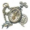 a line of skeleton key attched to a mechanical pocket watch and chain, with one shark tooth tattoo design idea
