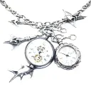 a line of skeleton key attched to a mechanical pocket watch and chain, with one shark tooth tattoo design idea
