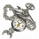 a line of skeleton key attched to a mechanical pocket watch and chain, with one shark tooth tattoo design idea