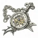 a line of skeleton key attched to a mechanical pocket watch and chain, with one shark tooth tattoo design idea