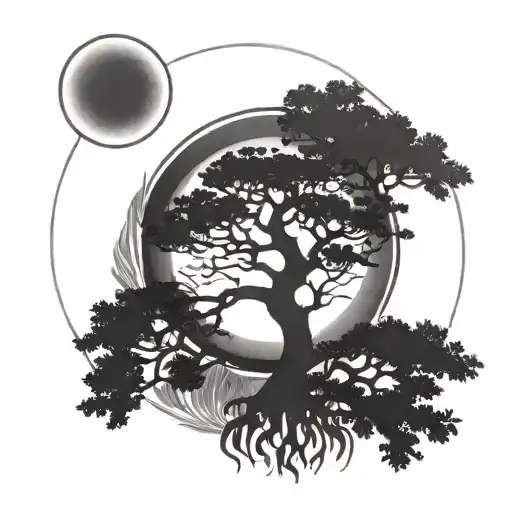 Large acacia tree center with water and moon on left side and fire and sun on right side and t tattoo design idea