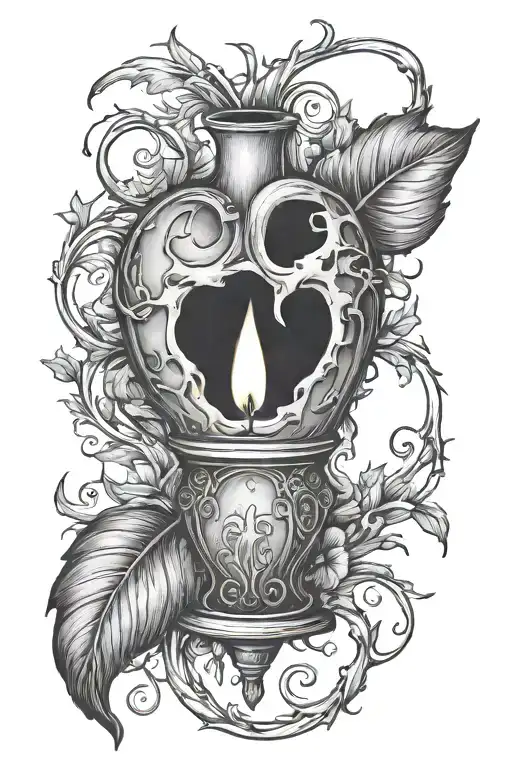 a candle in a human heart, it is placed IN a hollow cave in the heart on an old-fashioned candlestick tattoo design idea