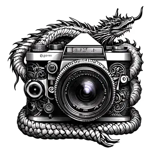 A blackwork tattoo of a vintage camera surrounded by motorcycle parts, with a dragon coiled around them in a protective stance, blending the client's interests in photography, motorcycles, and mythical creatures tattoo design idea