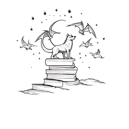 stack of bookswith wolf and moon, with 3 dragons flying on night sky tattoo design idea
