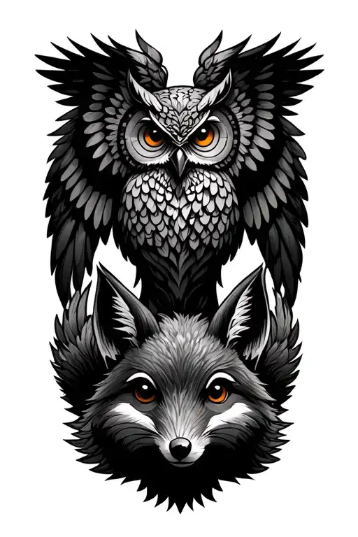 a totem with an owl on top spreading his wings, a fox in the middle and a squirrel on the bottom  tattoo design idea
