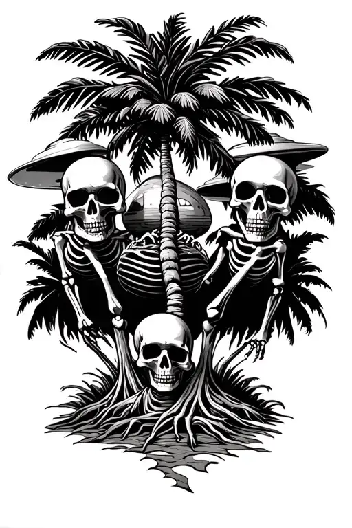 palm tree three skeletons at the base with ufo in the background and skulls for coconuts  tattoo design idea