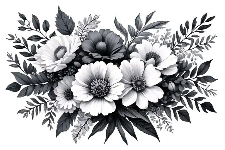 January, October, December, November, and April birth flowers in a boquet tattoo design idea