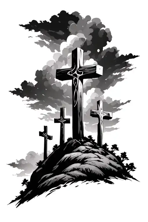 3 crosses on a hill dark sky tattoo design idea