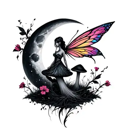 Gothic fairy colorful on a mushroom or the moon tattoo design idea