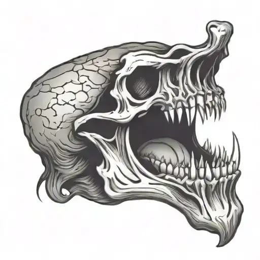 skull open mouth with long tounge sticking out downwards placed tattoo design idea