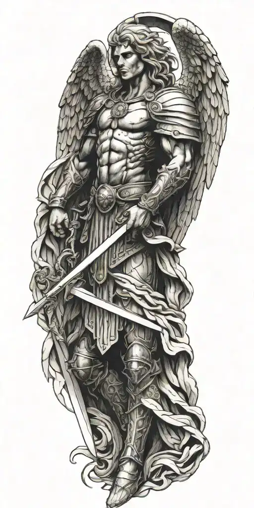 archangel Michael hodling a sword intertwined tattoo design idea
