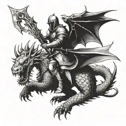 A knight in shining armor riding a dragon into battle tattoo design idea