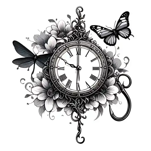 guitar clock fish hook dragonfly and butterfly tattoo design idea