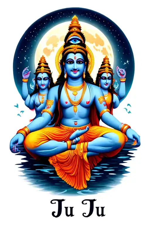 "Ju Ju" "Ju Ju" shiva, buddha, and vishnu dance under the moon with a third eye on the forehead tattoo design idea