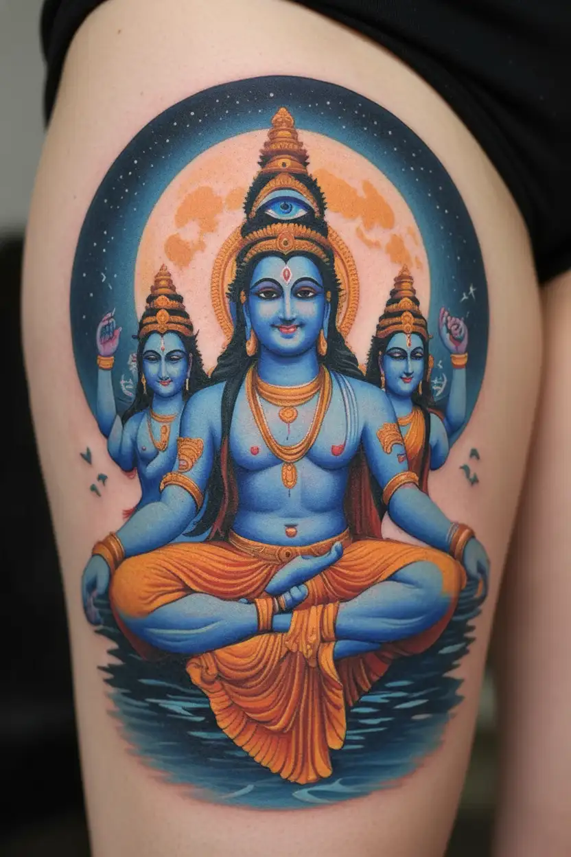 "Ju Ju" "Ju Ju" shiva, buddha, and vishnu dance under the moon with a third eye on the forehead tattoo design idea