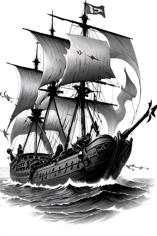 in the film gladiator 2, Viking ships on the sea travelling towards the Colosseum while firing arrows and cannons to it  tattoo design idea