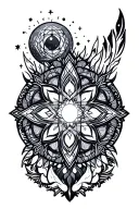 intricate mandala with sacred geometry and cosmic elements, simple design. tattoo design idea