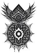 intricate mandala with sacred geometry and cosmic elements, simple design. tattoo design idea