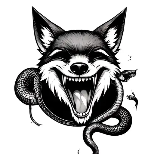 A fox mask with a grin. A snake crawls out of its mouth, all that tongue. One eye behind the hole in the mask is crying, and in the other there is emptiness tattoo design idea