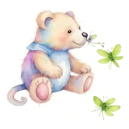 teddy bear trying to catch dragonfly tattoo design idea