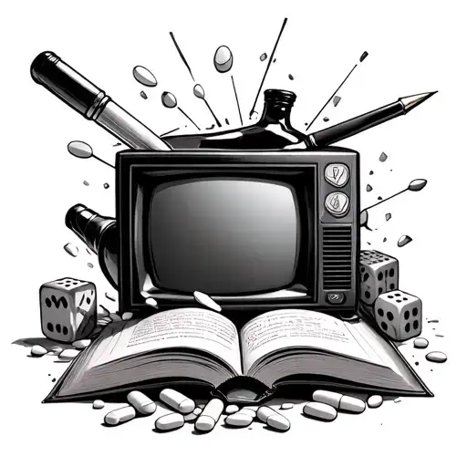 medicine pills spilled, open book written inside, pen, broken tv, dices, bottle of alcohol, similar to Eminem's tattoos tattoo design idea