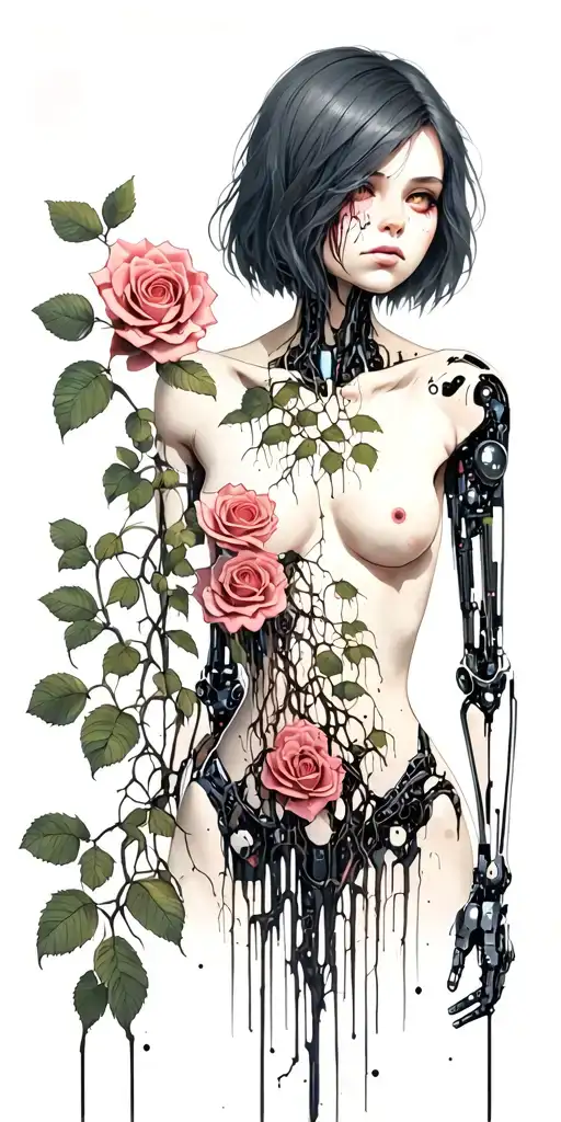Silhouette of a hacker girl, half robot, with short hair, bare chest, roots growing out of roses, decaying flesh tattoo design idea