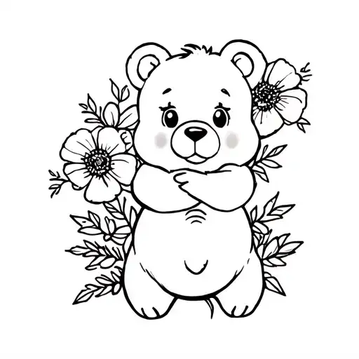 care bear and poppy flowers in belly tattoo design idea