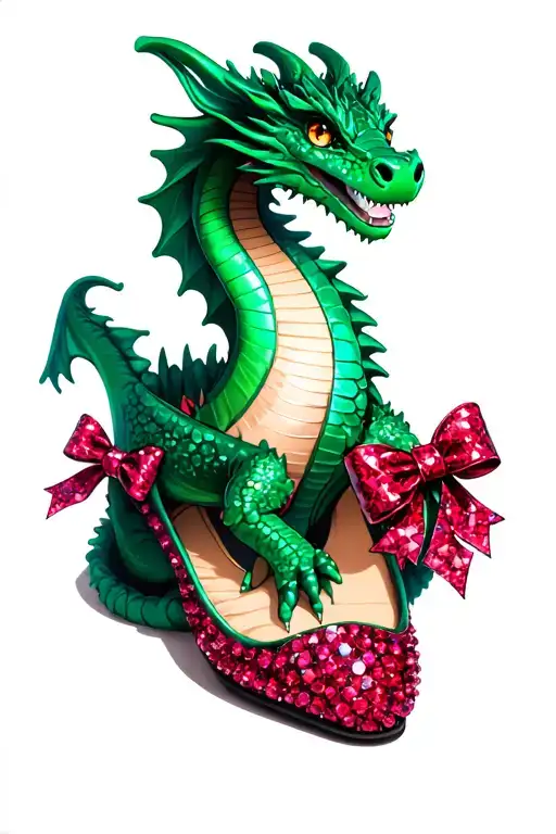 friendly emerald dragon wrapped around two sparkly ruby flat shoes with bows on toes tattoo design idea