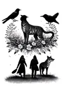 shaded forest two people walking crows and a fox with flowers around it and a tiger with flowers around it tattoo design idea