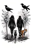 shaded forest two people walking crows and a fox with flowers around it and a tiger with flowers around it tattoo design idea