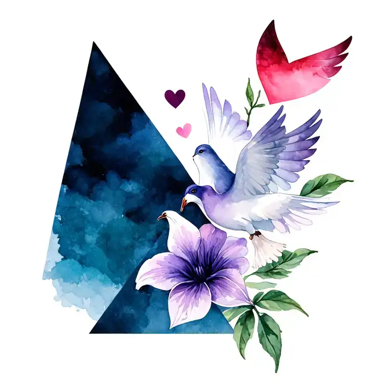 violet flower, triangle, heart, dove tattoo design idea
