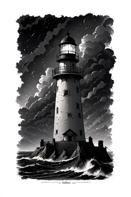 light house in storm tattoo design idea