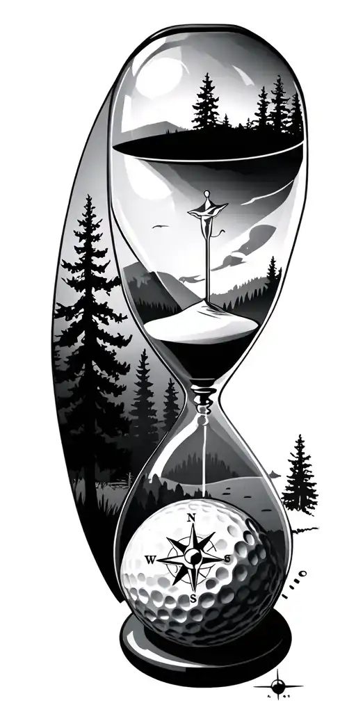 family and forest and hour glass and compass golf course golf ball tattoo design idea
