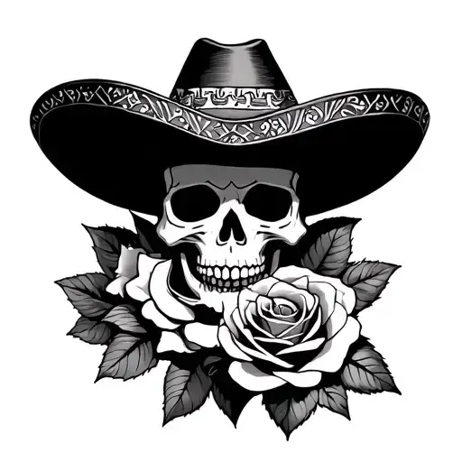 sad mariachi skeleton skull biting a rose tattoo design idea