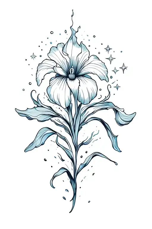Neo-traditional tattoo design, giant iris flower transforming into ocean waves, stars splashing from petals, broken chai tattoo design idea