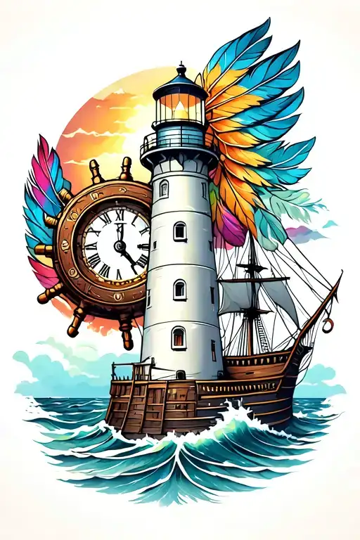 lighthouse with clock and ships wheel and indian feathers tattoo design idea