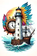 lighthouse with clock and ships wheel and indian feathers tattoo design idea