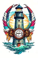 lighthouse with clock and ships wheel and indian feathers tattoo design idea