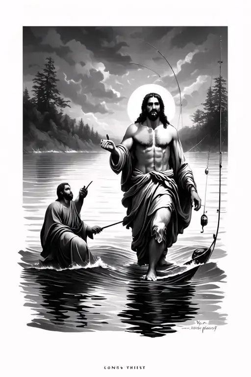 Jesus walking on water with the apostle Peter fishing in the background  tattoo design idea