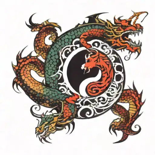 trash polka tattoo, concept: dragon and scorpio inside yin and yang symbol formed tattoo design idea