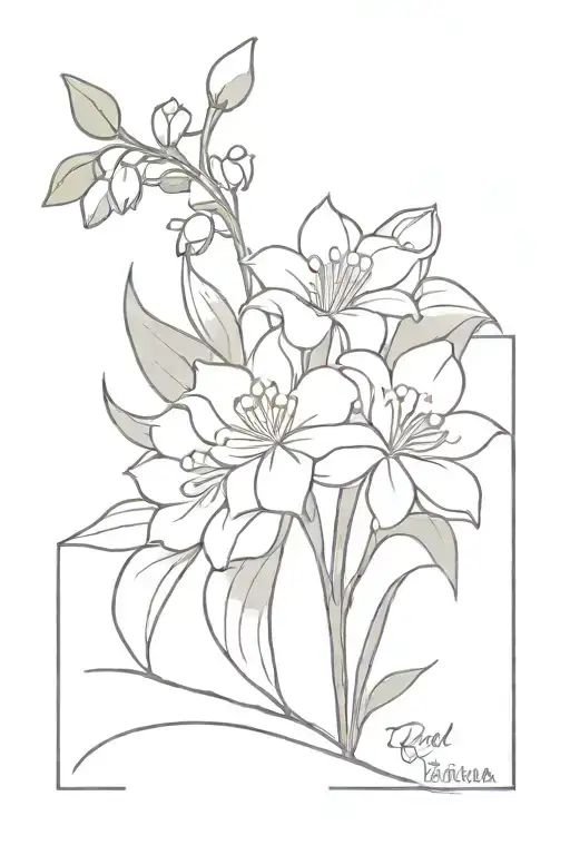 small fine line birth flower tattoo bouquet, violet, lily of the valley and chrysanthemum, realy simplistic tattoo design idea