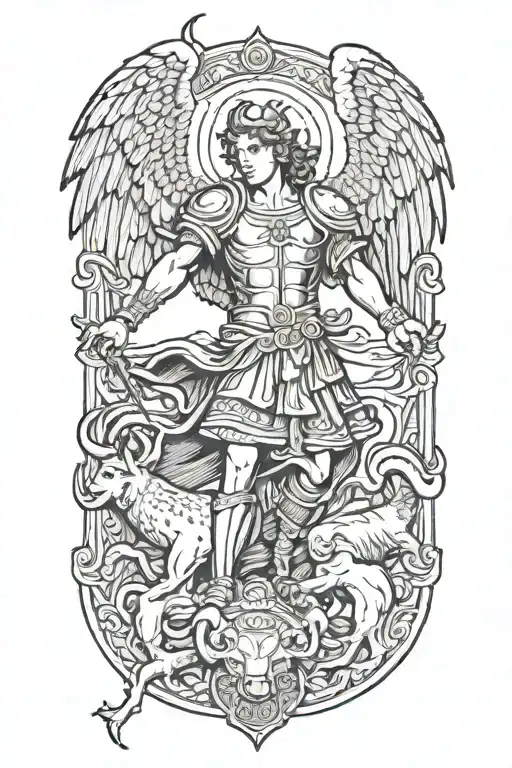 Saint Michael killing a demon with rams head tattoo tattoo design idea