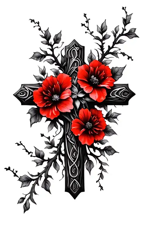 cross with vines and red flowers tattoo design idea