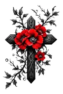 cross with vines and red flowers tattoo design idea